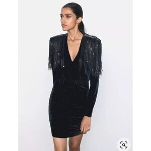 Zara Black Mini Dress with Fringe Detail